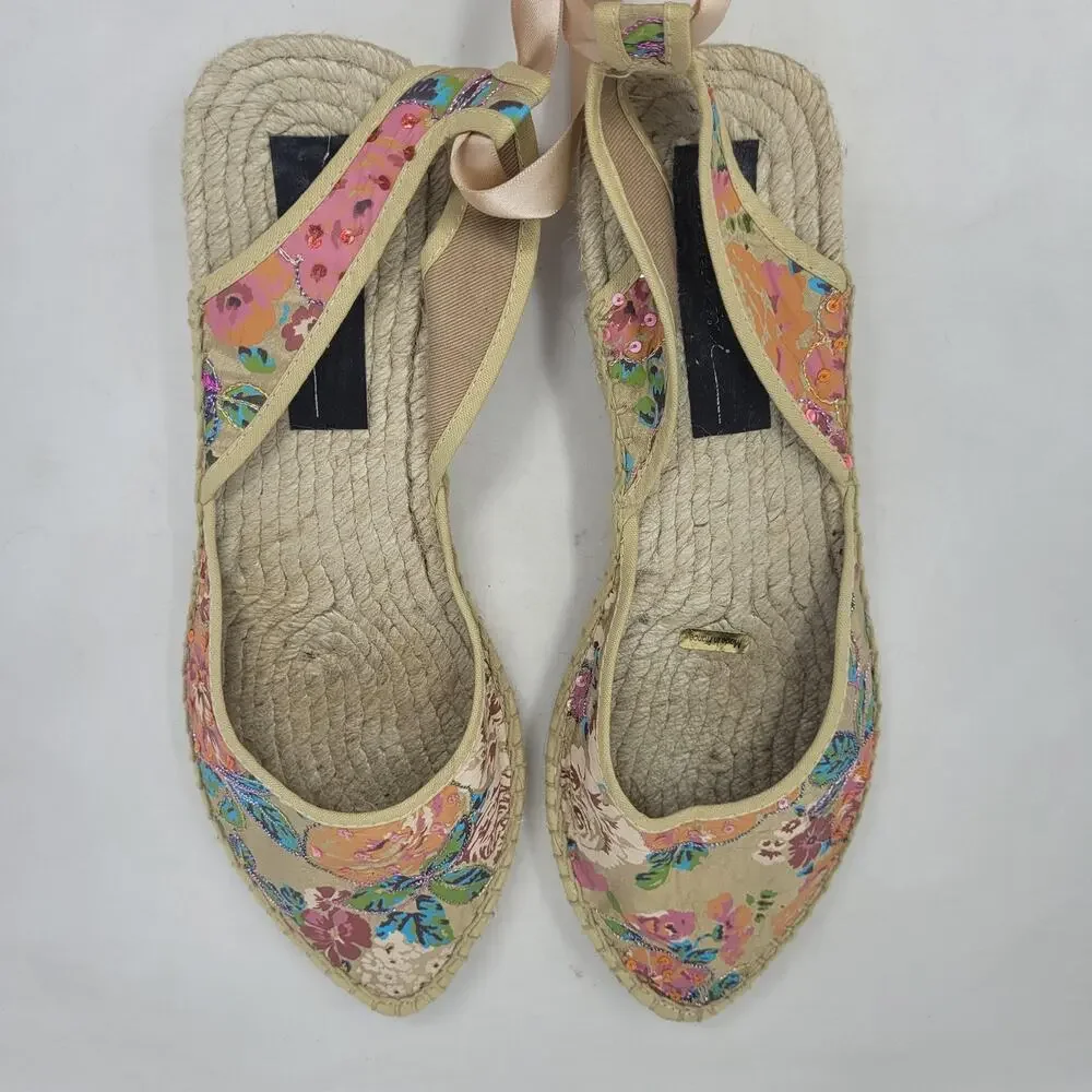 Marmi Sandals 10 Floral Espadrille Sequin Ribbon Tie Wedge Boho Floral Summer